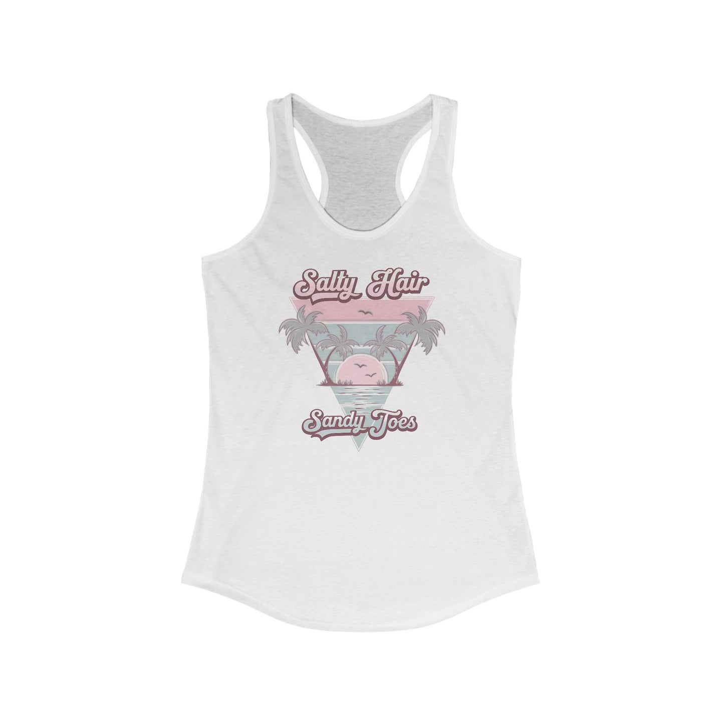 Camiseta de tirantes con espalda nadadora y pelo salado y dedos arenosos: diseño retro playero con palmeras y toques pastel | Camiseta de tirantes de verano para mujer