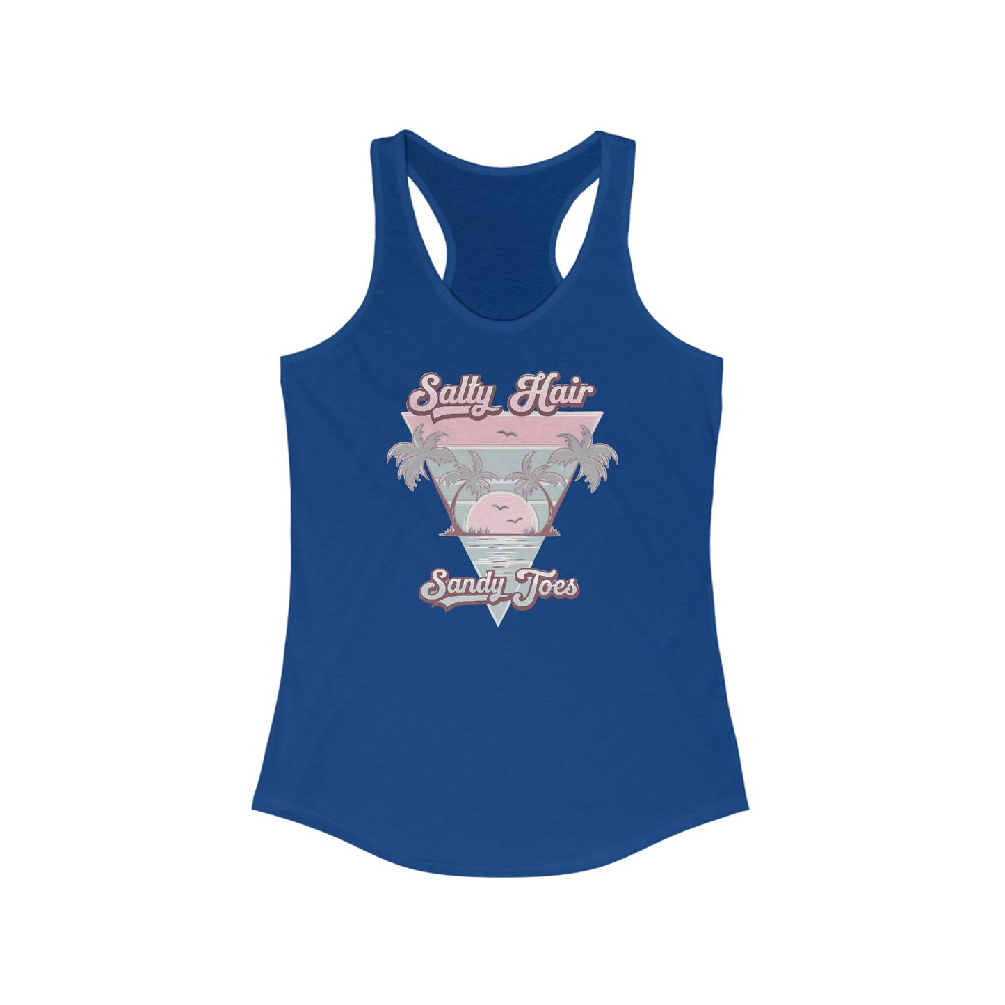Camiseta de tirantes con espalda nadadora y pelo salado y dedos arenosos: diseño retro playero con palmeras y toques pastel | Camiseta de tirantes de verano para mujer