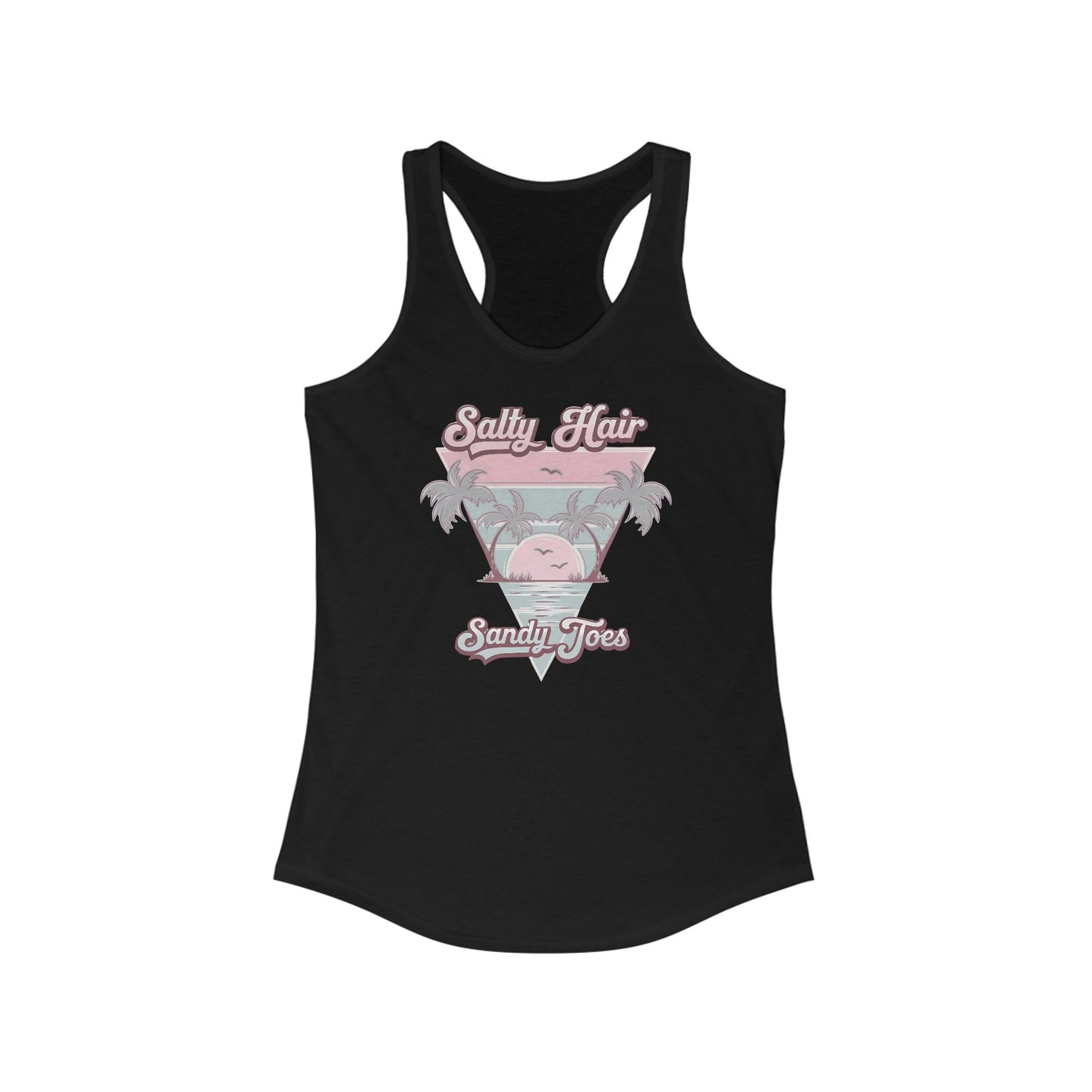 Camiseta de tirantes con espalda nadadora y pelo salado y dedos arenosos: diseño retro playero con palmeras y toques pastel | Camiseta de tirantes de verano para mujer