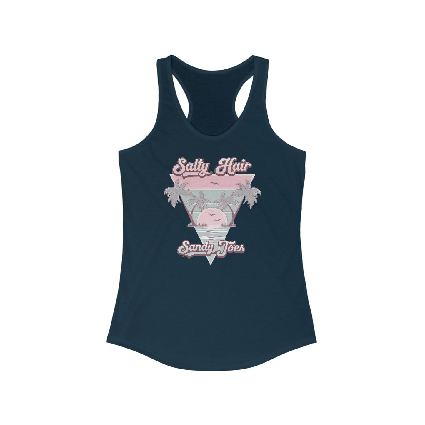 Camiseta de tirantes con espalda nadadora y pelo salado y dedos arenosos: diseño retro playero con palmeras y toques pastel | Camiseta de tirantes de verano para mujer