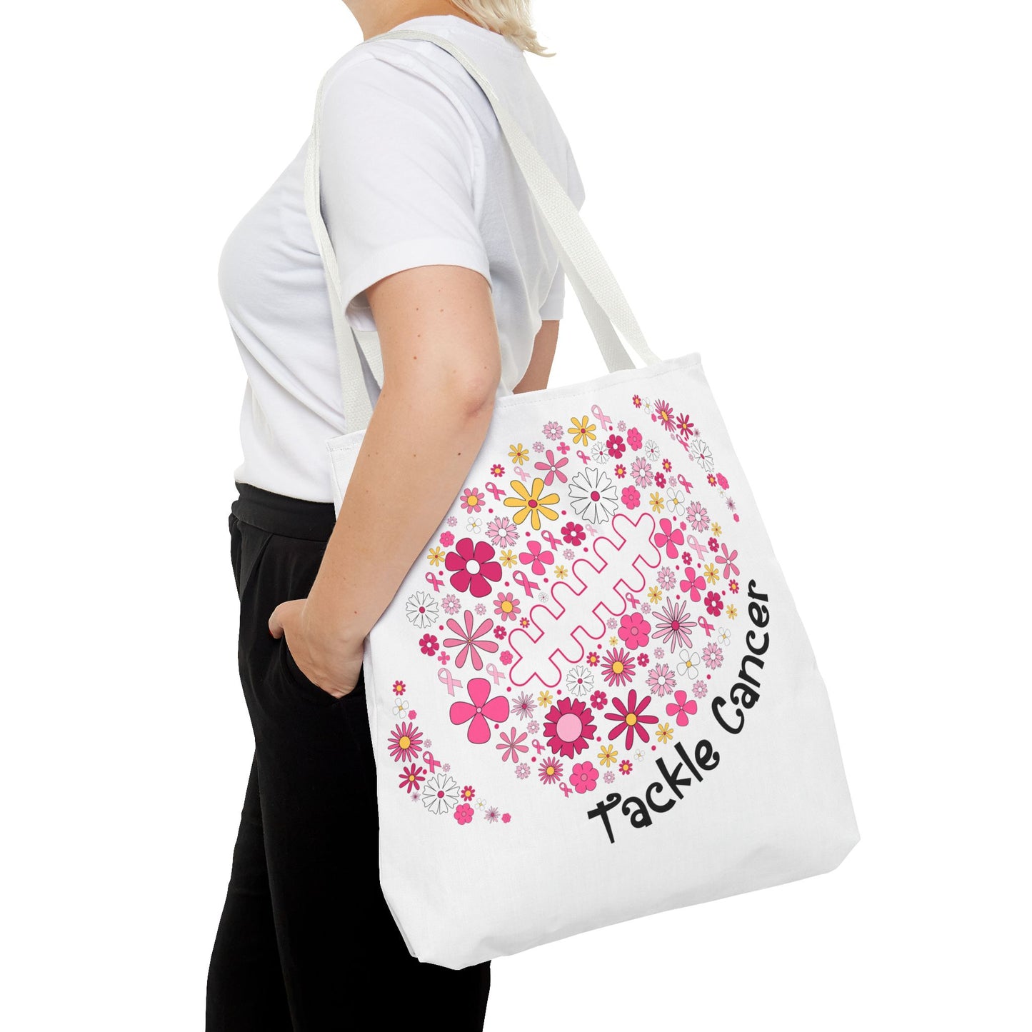 ๐ธ Pink Floral Football Tote Bag โ Game Day Meets Breast Cancer Awareness ๐๐
