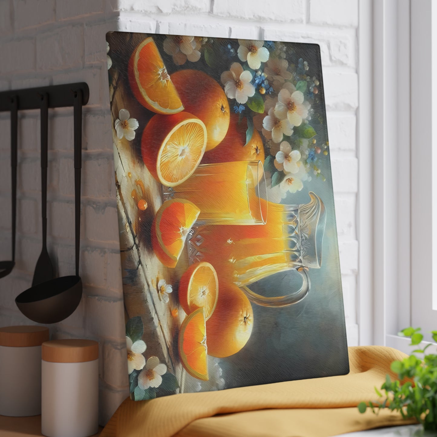 Tabla de cortar de vidrio templado para zumo de naranja recién exprimido: decoración cítrica para la cocina, bandeja para servir naranjas, regalo para el desayuno de verano