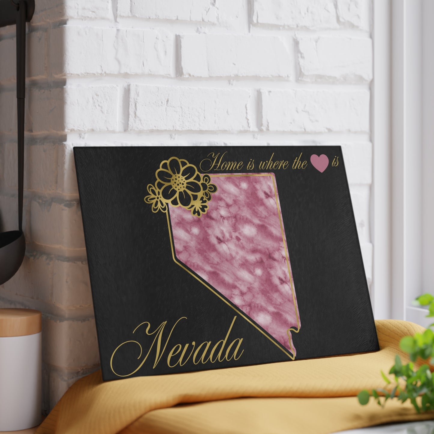 🩷 Nevada State Floral Cutting Board – Watercolor Rose Marble with Golden Script Elegance
