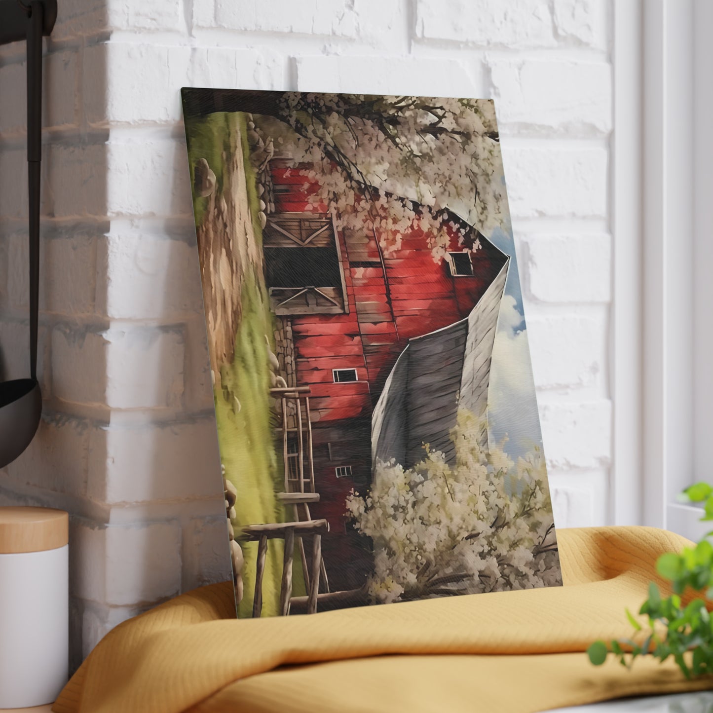 🌸🚜 Rustic Red Barn Blossom Cutting Board – Farmhouse Charm for Your Kitchen 🌾🐓