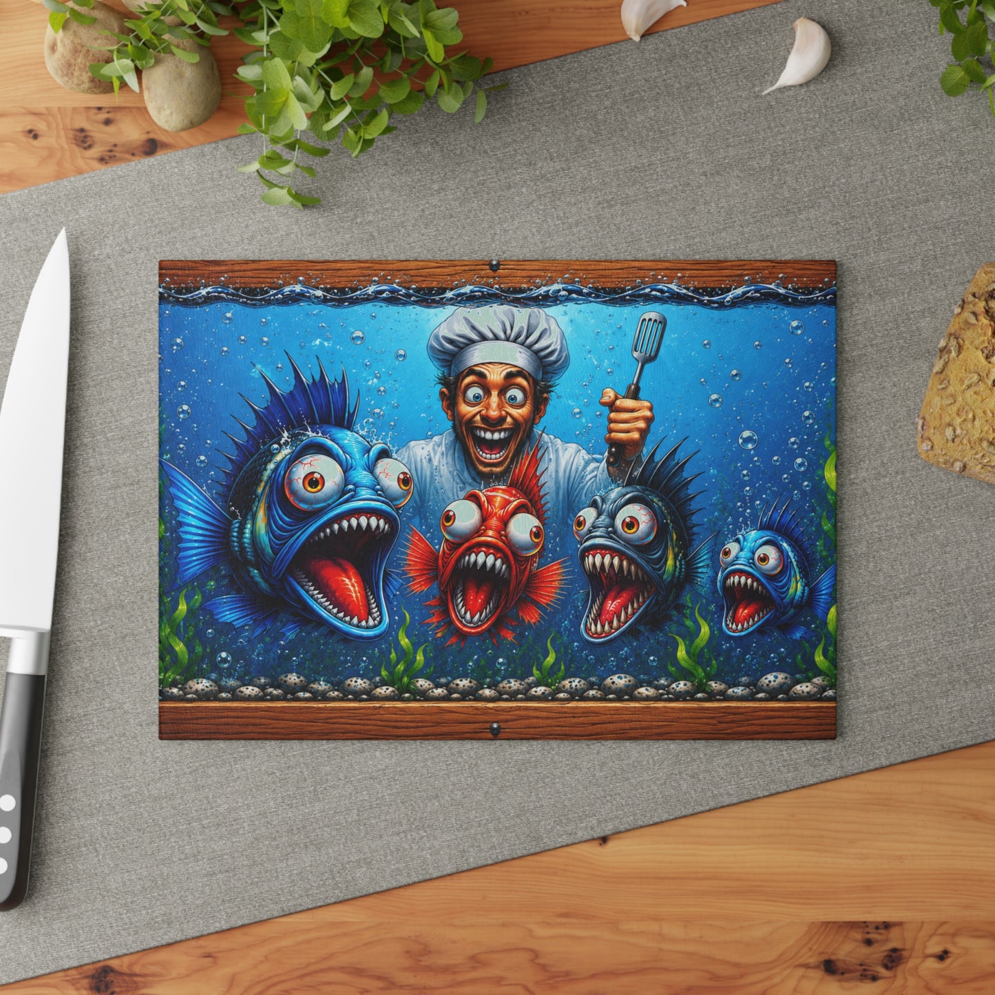 Kitchen Chaos: Fish & Chef Glass Cutting Board – Funny Aquarium Kitchen Décor