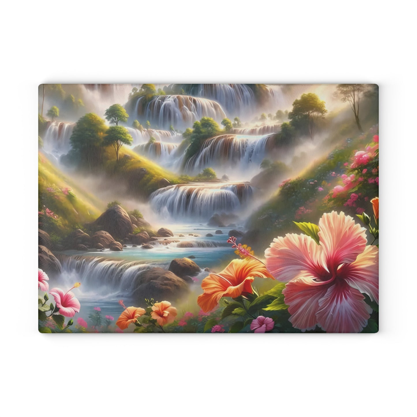 Tabla de cortar de vidrio Cascading Dreams: un paisaje floral encantado para amantes de la naturaleza