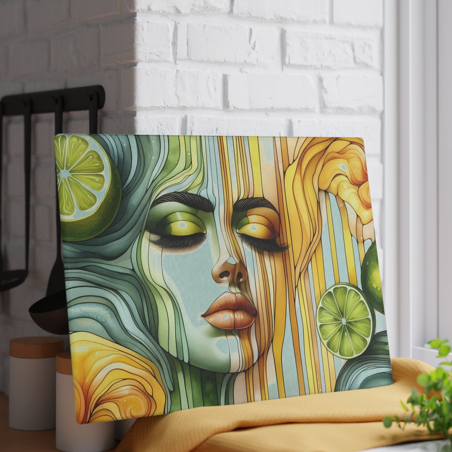 Tabla de cortar de vidrio con diseño de diosa de limón y lima: audaz, hermosa y refrescantemente única