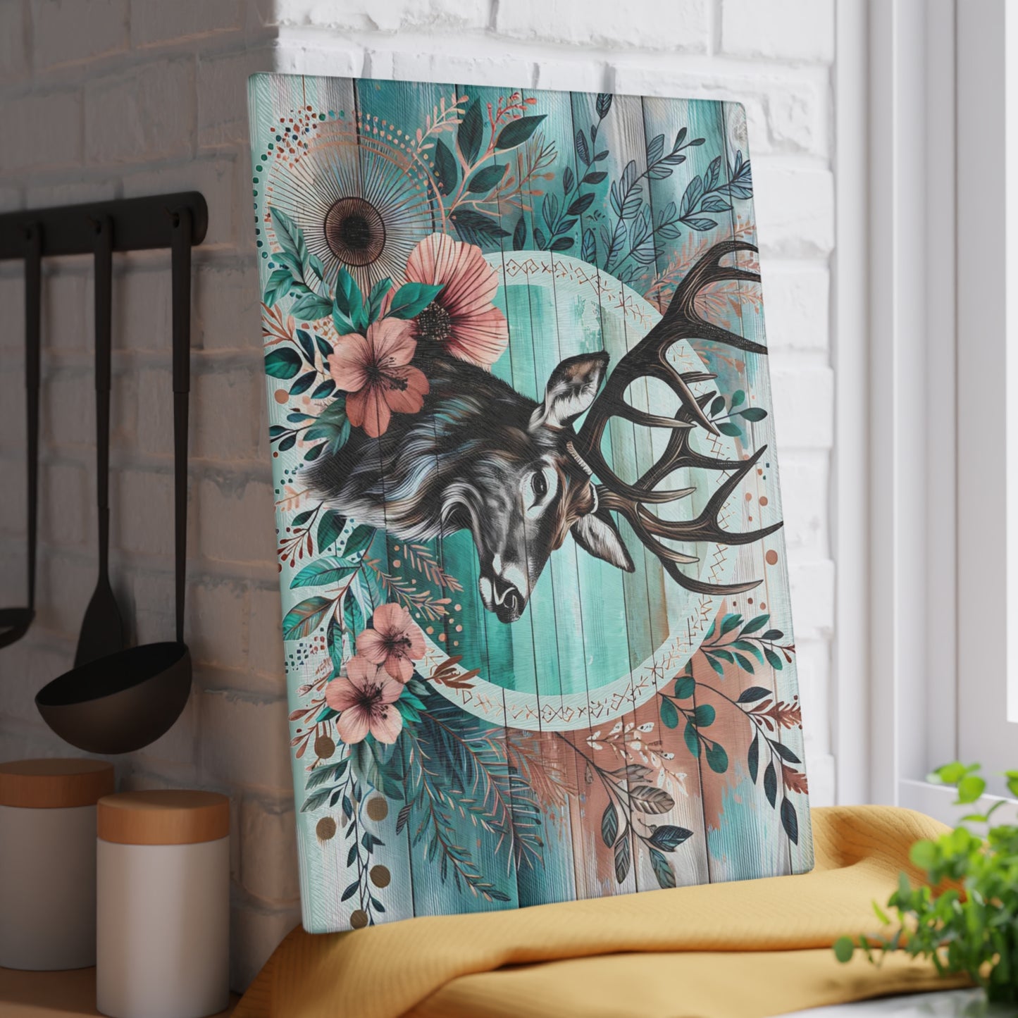🦌🌸 Rustic Deer Floral Cutting Board – Woodland Cabin Kitchen Décor with Antlers & Flowers 🌿🏞️