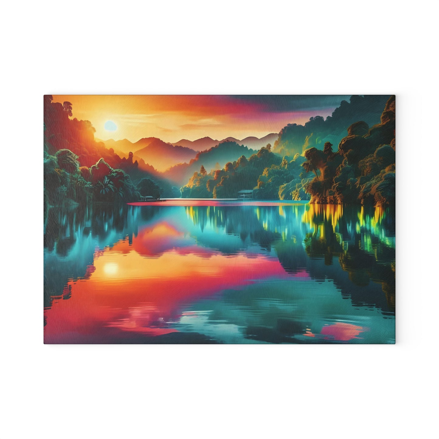 Tabla de cortar de vidrio con brillo de atardecer en la jungla: un escape tropical vibrante para tu cocina