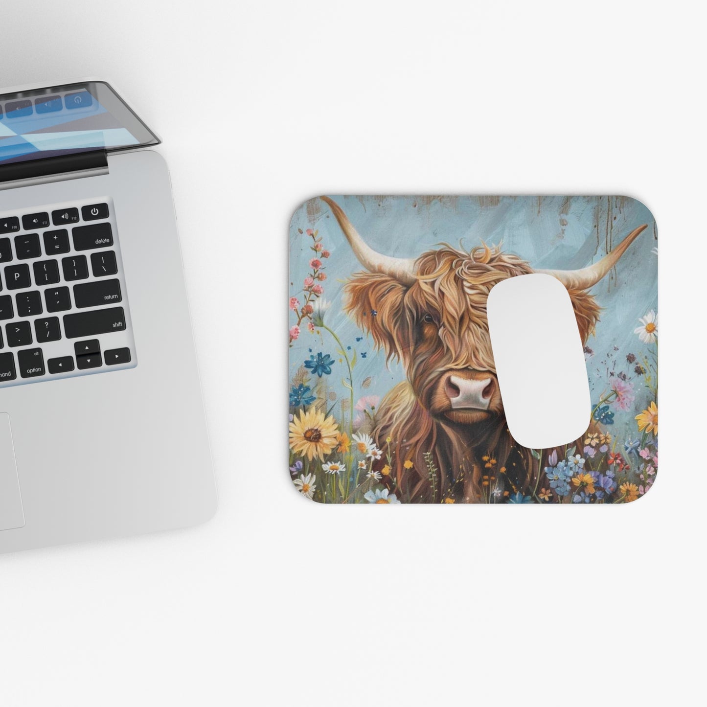 🖱️🐮 Highland Cow & Wildflowers Mouse Pad – Rustic Boho Desk Art