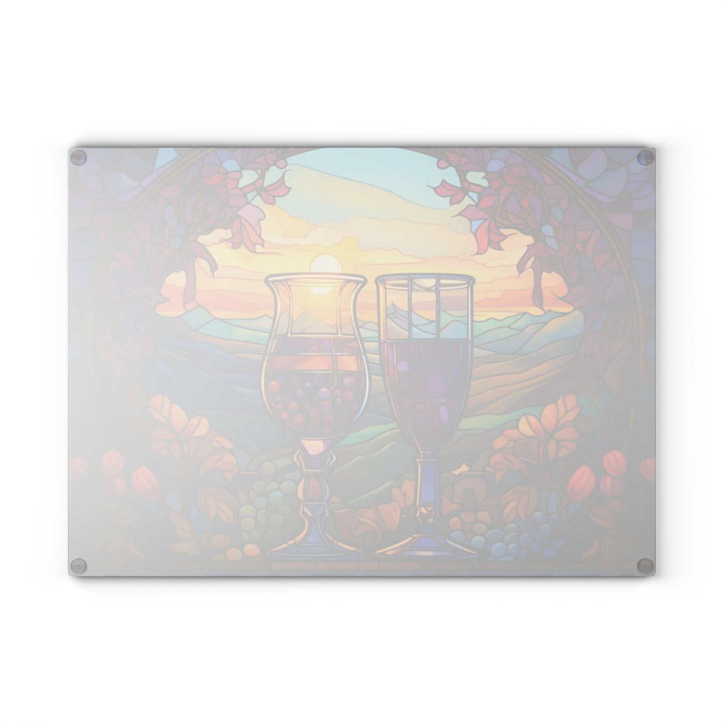 Tabla de cortar de vidrio templado con copas de vino de colores – Diseño Sunset Vineyard
