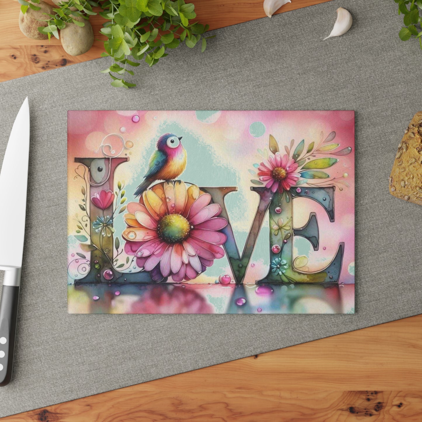 Tabla de cortar, diseño de amor con pájaros y girasoles, decoración de cocina, bandeja de vidrio para servir, regalo de inauguración de la casa, utensilio de cocina