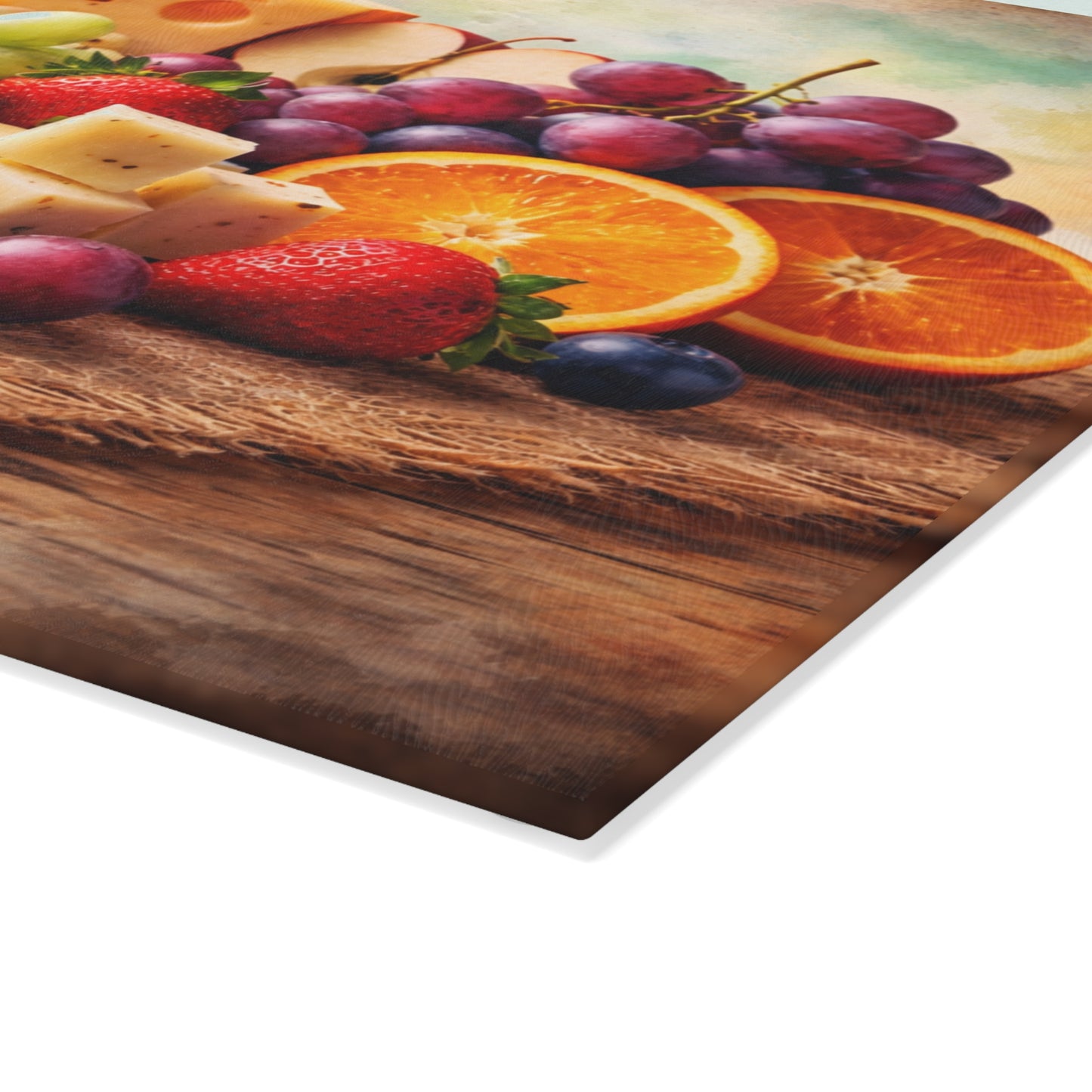 Farmhouse Fruit and Cheese Still Life Glass Cutting Board – Rustic Kitchen Art with Vibrant Harvest Colors