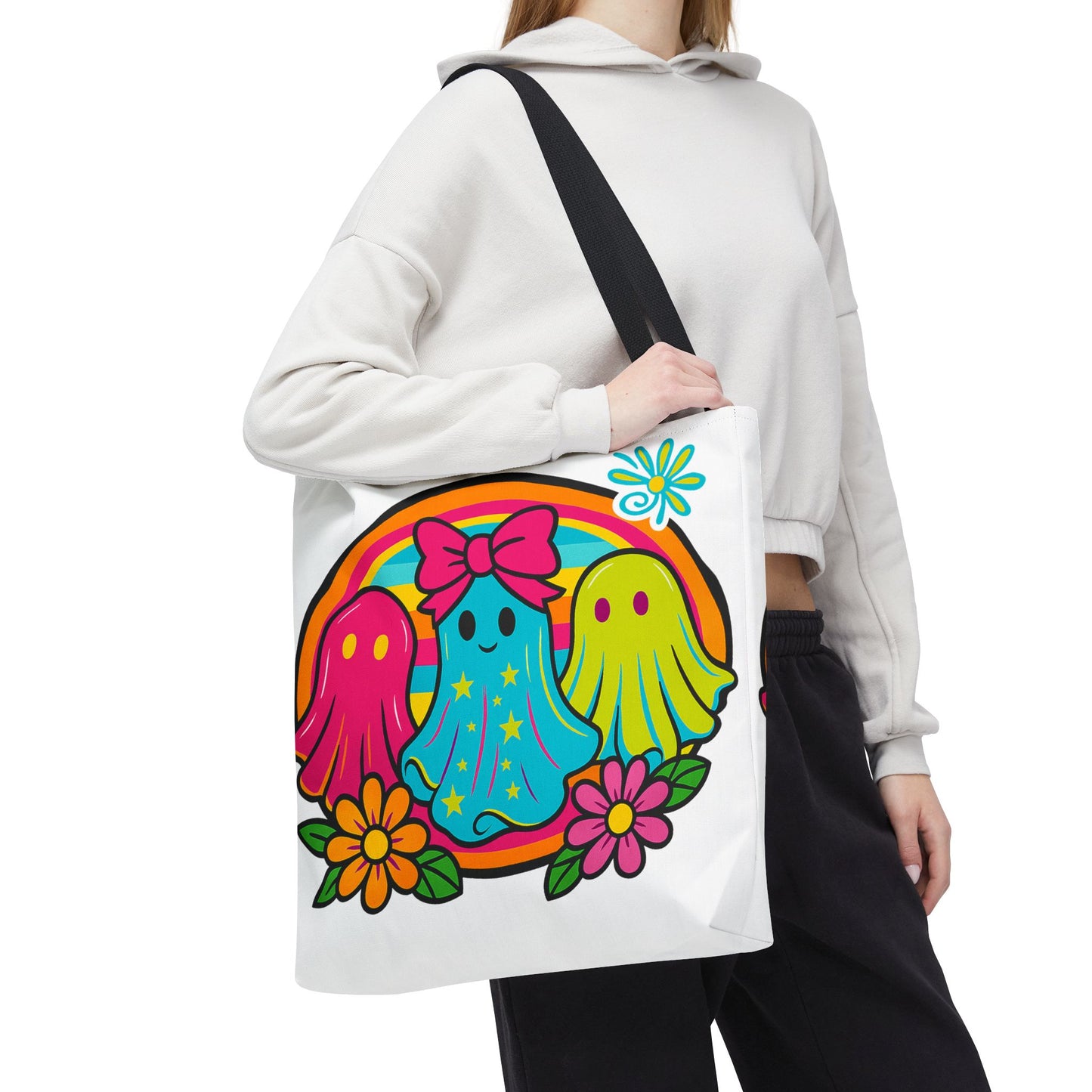 ๐ Retro Rainbow Ghosts Tote Bag โ Groovy Spooky Fun ๐ป๐