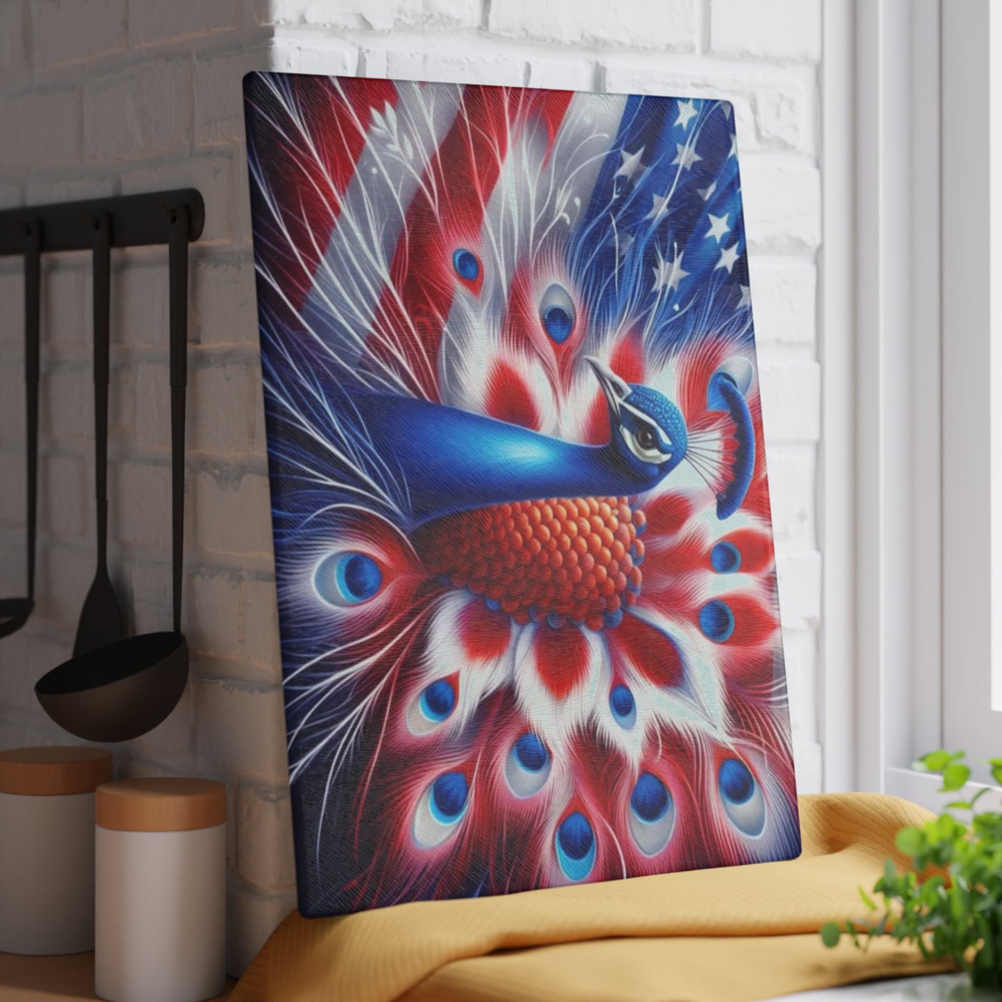 🦚 4th of July Patriotic Peacock Glass Cutting Board – Red, White & Beautiful!