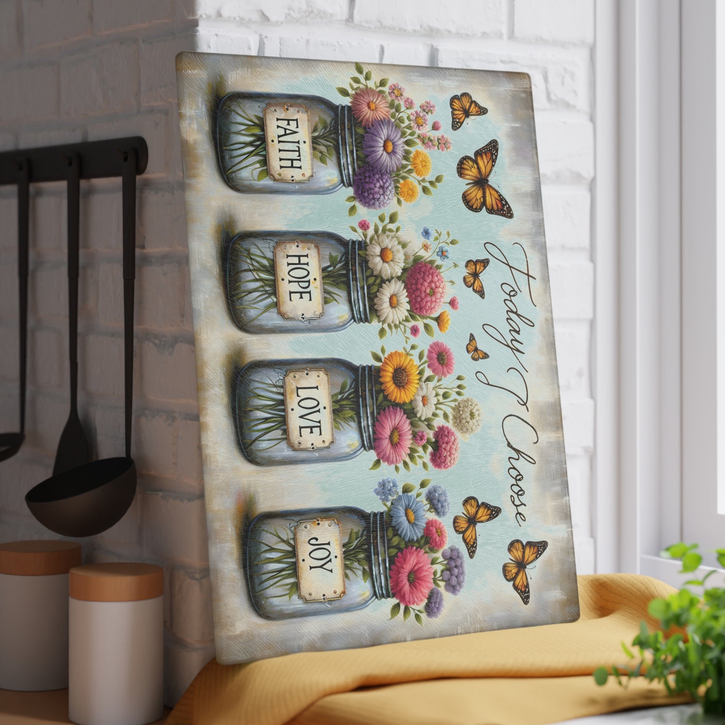 🌼 Hoy elijo – Tabla de cortar de fe, esperanza, amor y alegría – Decoración floral inspiradora para la cocina