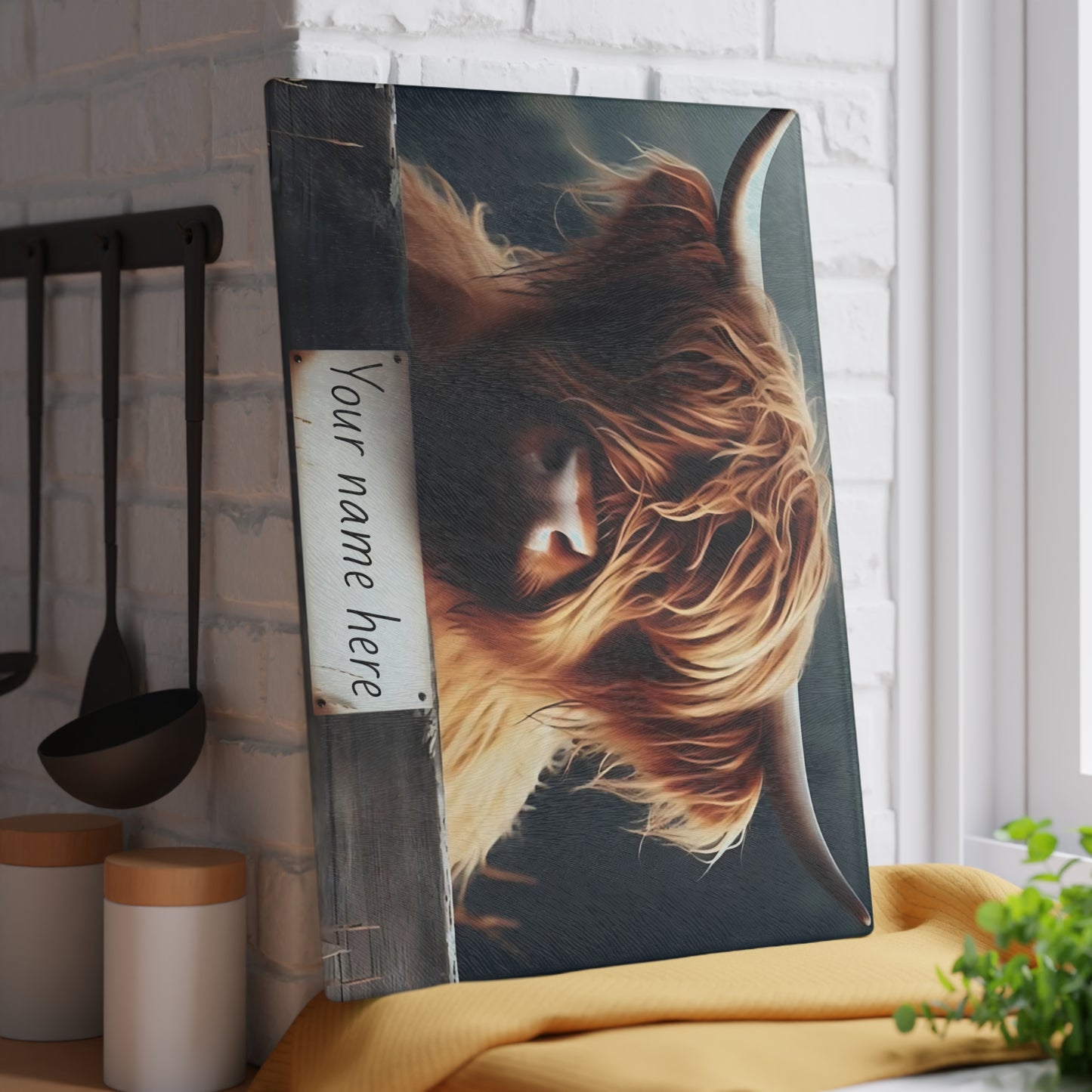 Highland Cow Over Fence Personalized Glass Cutting Board – Rustic Farmhouse Kitchen Decor, Glass Cutting Board – Western Farmhouse Decor, Country Kitchen Gift