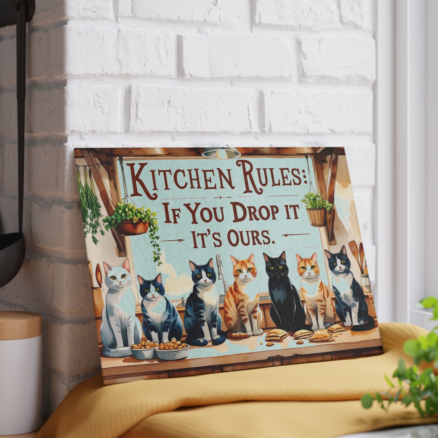 🐱🍴 Kitchen Rules Cat Cutting Board – “If You Drop It, It’s Ours” 🍴🐱