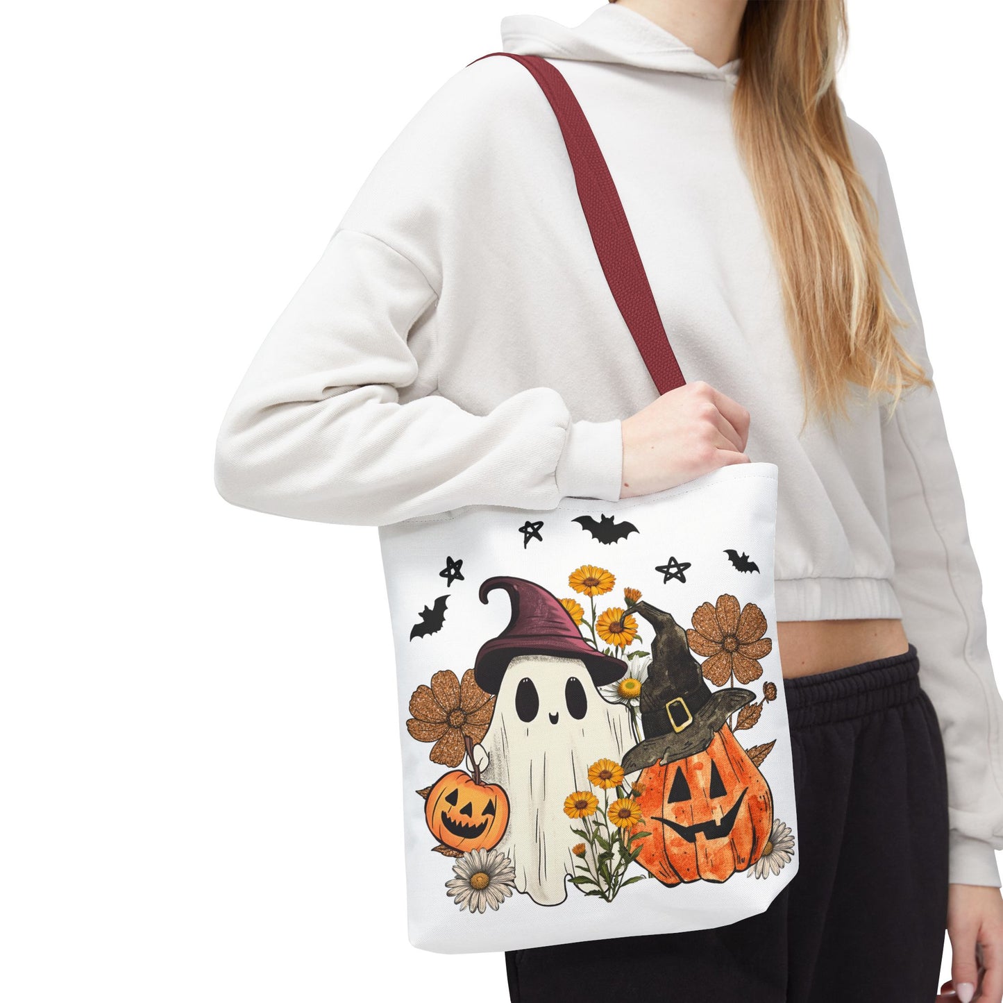 🎃 Ghost & Pumpkin Floral Tote Bag – Whimsical Halloween Charm 👻👜