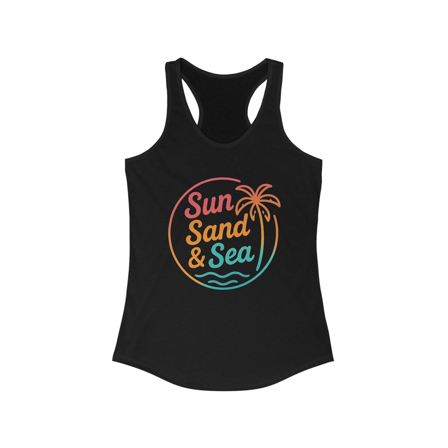 Camiseta de tirantes con espalda nadadora Sun Sand & Sea – Diseño tropical de verano | Camiseta de tirantes playera con estampado para mujer | 15 colores