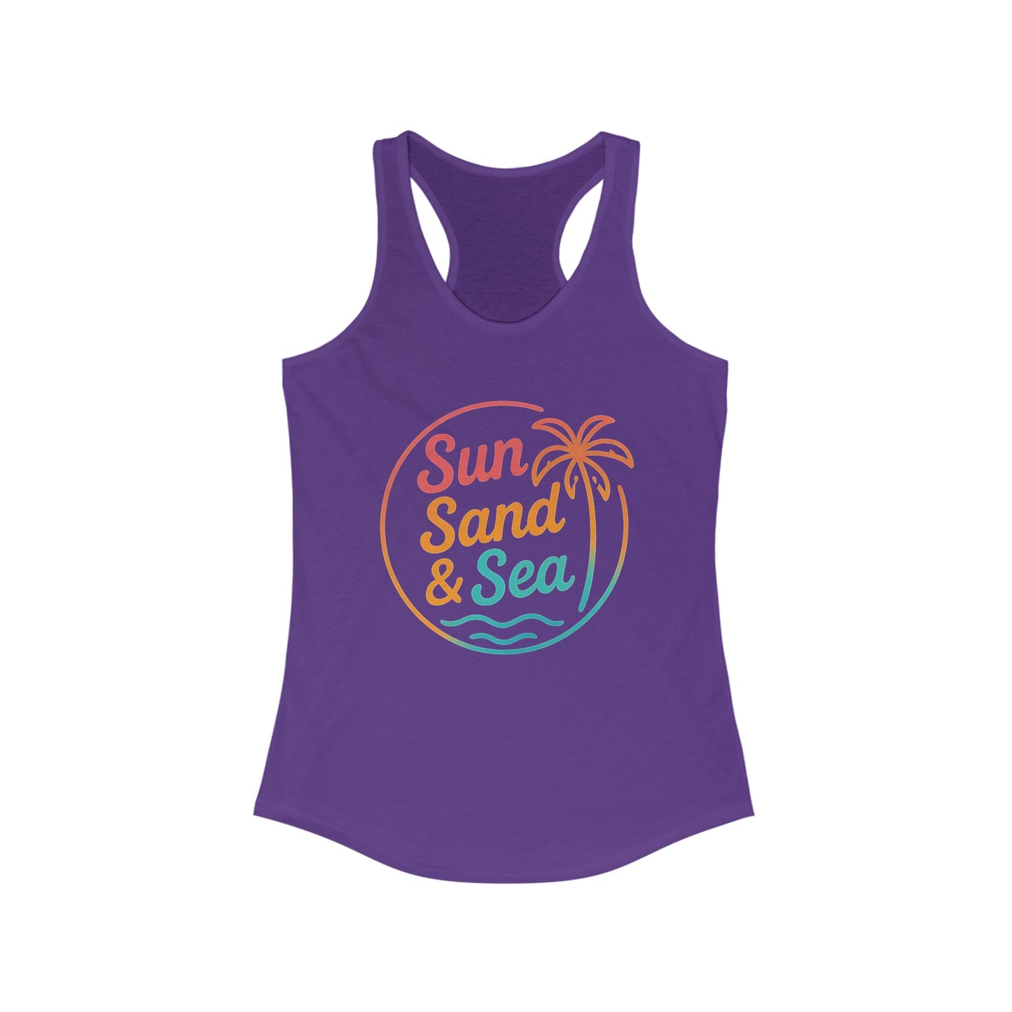 Camiseta de tirantes con espalda nadadora Sun Sand & Sea – Diseño tropical de verano | Camiseta de tirantes playera con estampado para mujer | 15 colores