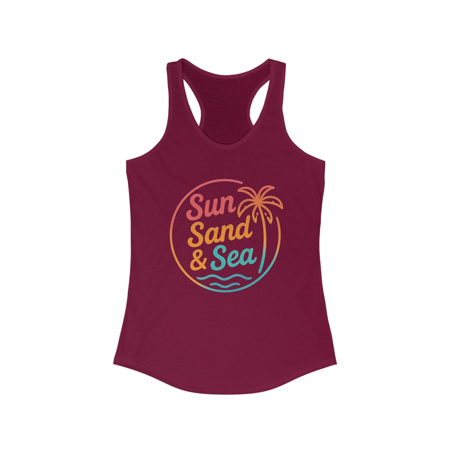 Camiseta de tirantes con espalda nadadora Sun Sand & Sea – Diseño tropical de verano | Camiseta de tirantes playera con estampado para mujer | 15 colores