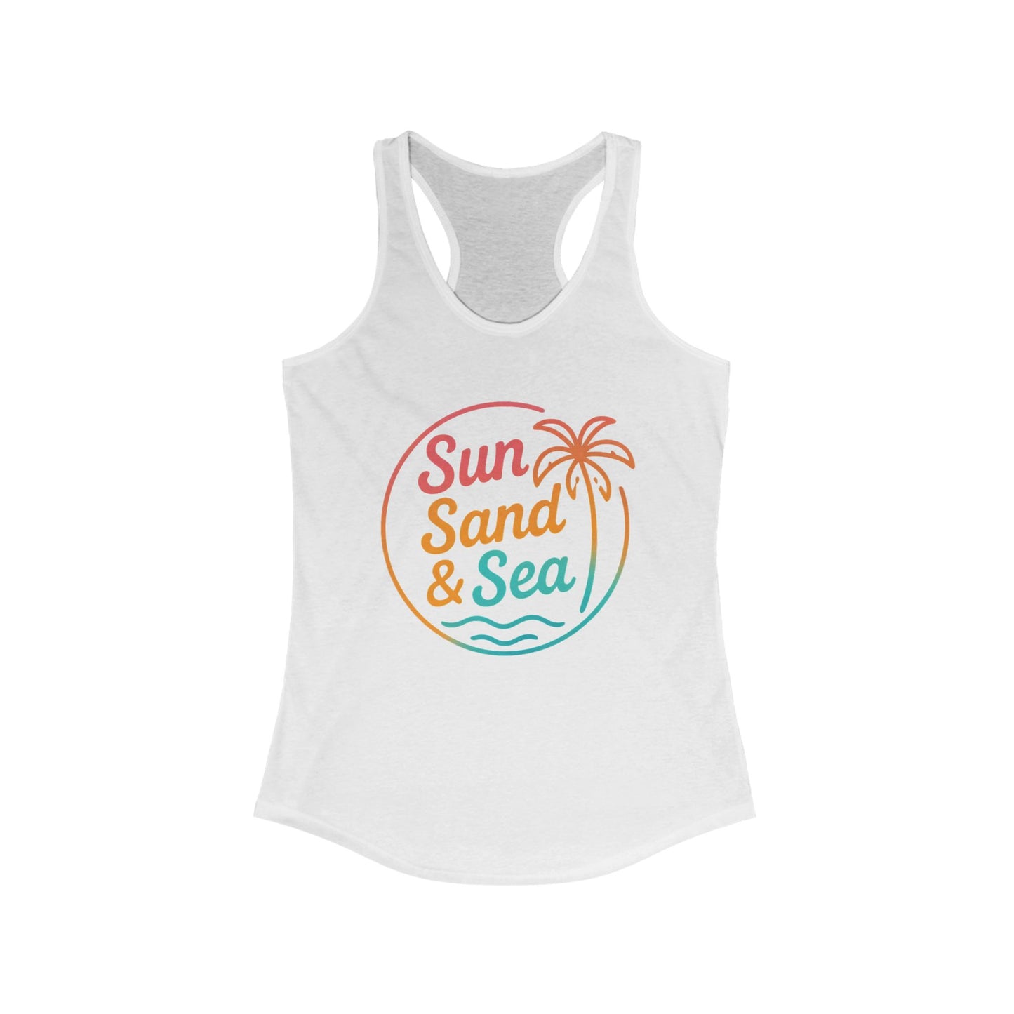 Camiseta de tirantes con espalda nadadora Sun Sand & Sea – Diseño tropical de verano | Camiseta de tirantes playera con estampado para mujer | 15 colores