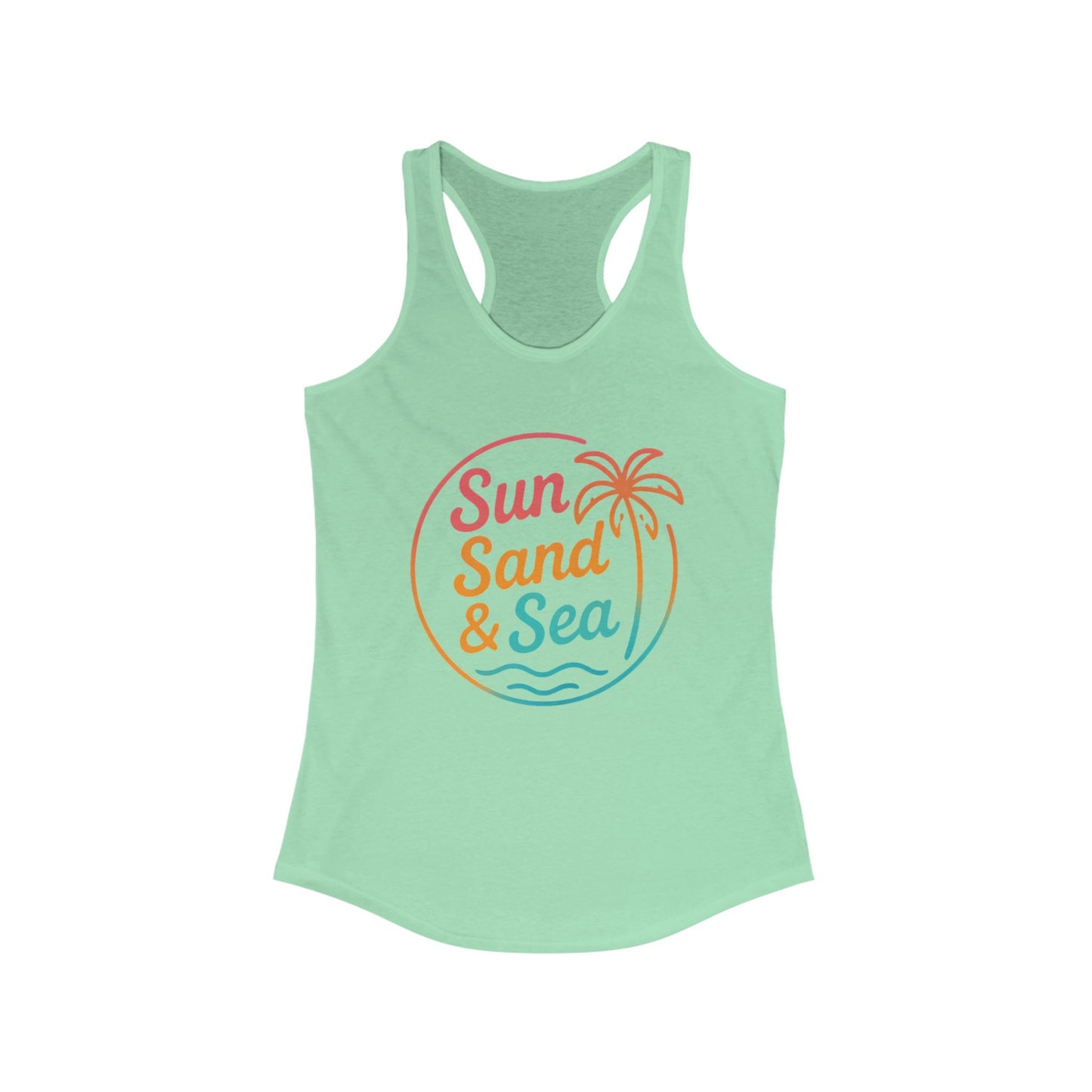 Camiseta de tirantes con espalda nadadora Sun Sand & Sea – Diseño tropical de verano | Camiseta de tirantes playera con estampado para mujer | 15 colores
