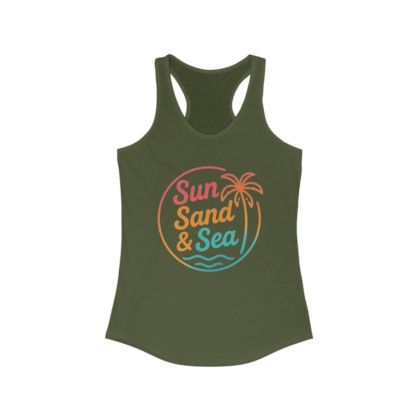 Camiseta de tirantes con espalda nadadora Sun Sand & Sea – Diseño tropical de verano | Camiseta de tirantes playera con estampado para mujer | 15 colores