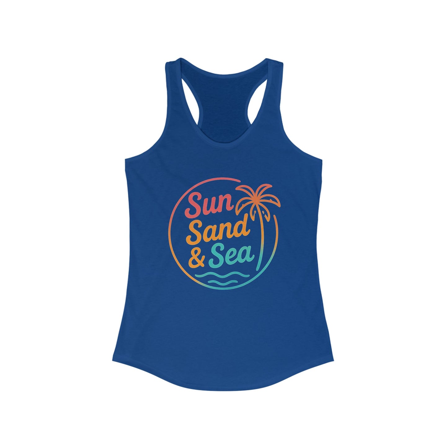 Camiseta de tirantes con espalda nadadora Sun Sand & Sea – Diseño tropical de verano | Camiseta de tirantes playera con estampado para mujer | 15 colores