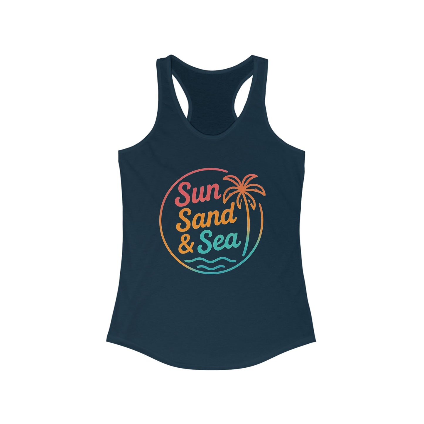 Camiseta de tirantes con espalda nadadora Sun Sand & Sea – Diseño tropical de verano | Camiseta de tirantes playera con estampado para mujer | 15 colores