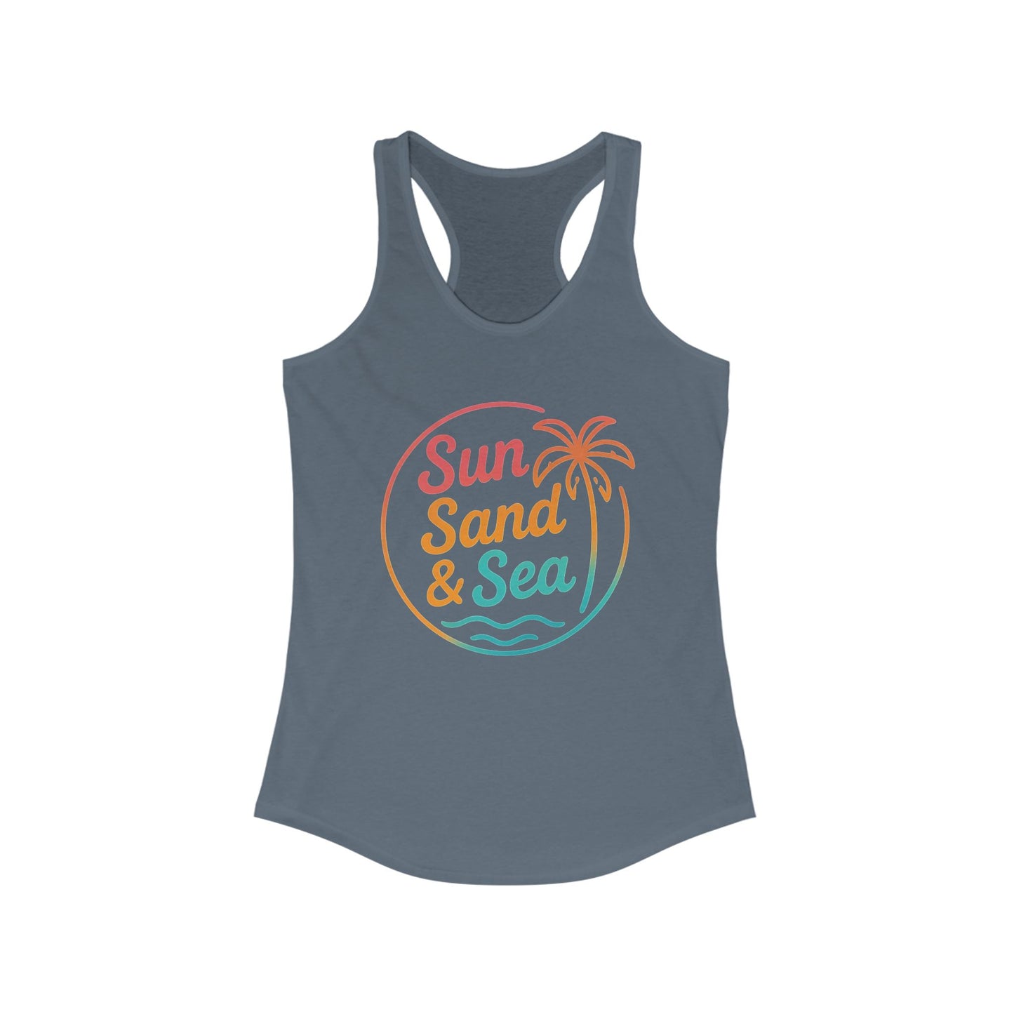 Camiseta de tirantes con espalda nadadora Sun Sand & Sea – Diseño tropical de verano | Camiseta de tirantes playera con estampado para mujer | 15 colores