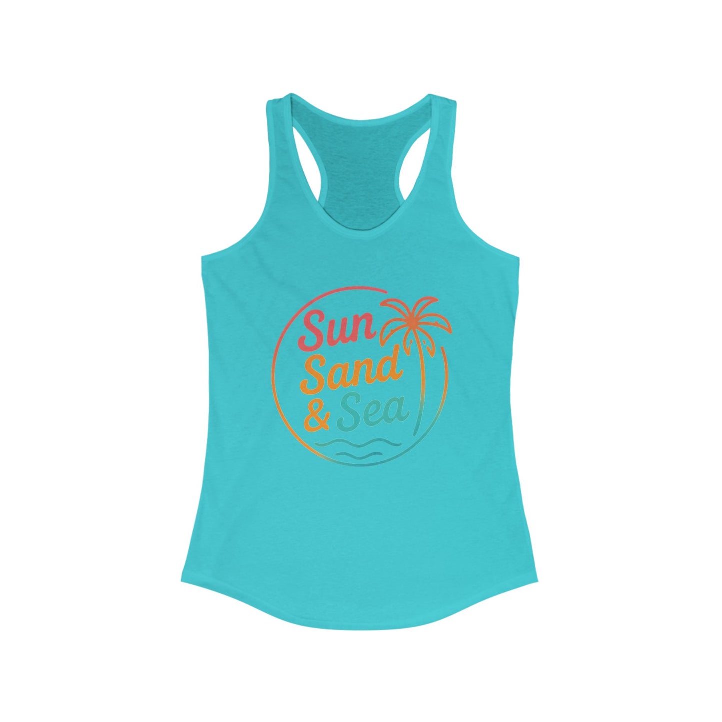 Camiseta de tirantes con espalda nadadora Sun Sand & Sea – Diseño tropical de verano | Camiseta de tirantes playera con estampado para mujer | 15 colores