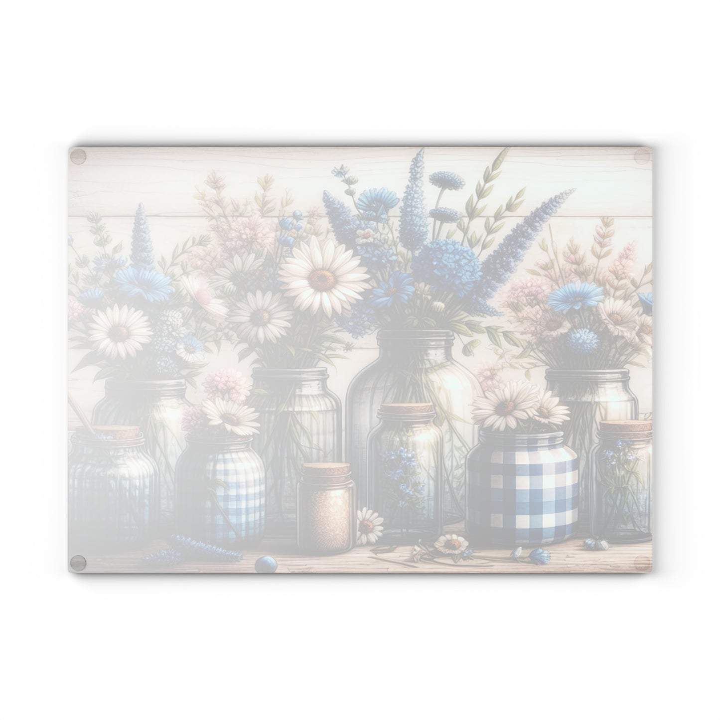 💙🌼 Blue Gingham Wildflower Mason Jar Cutting Board – Rustic Farmhouse Kitchen Charm 🌿✨