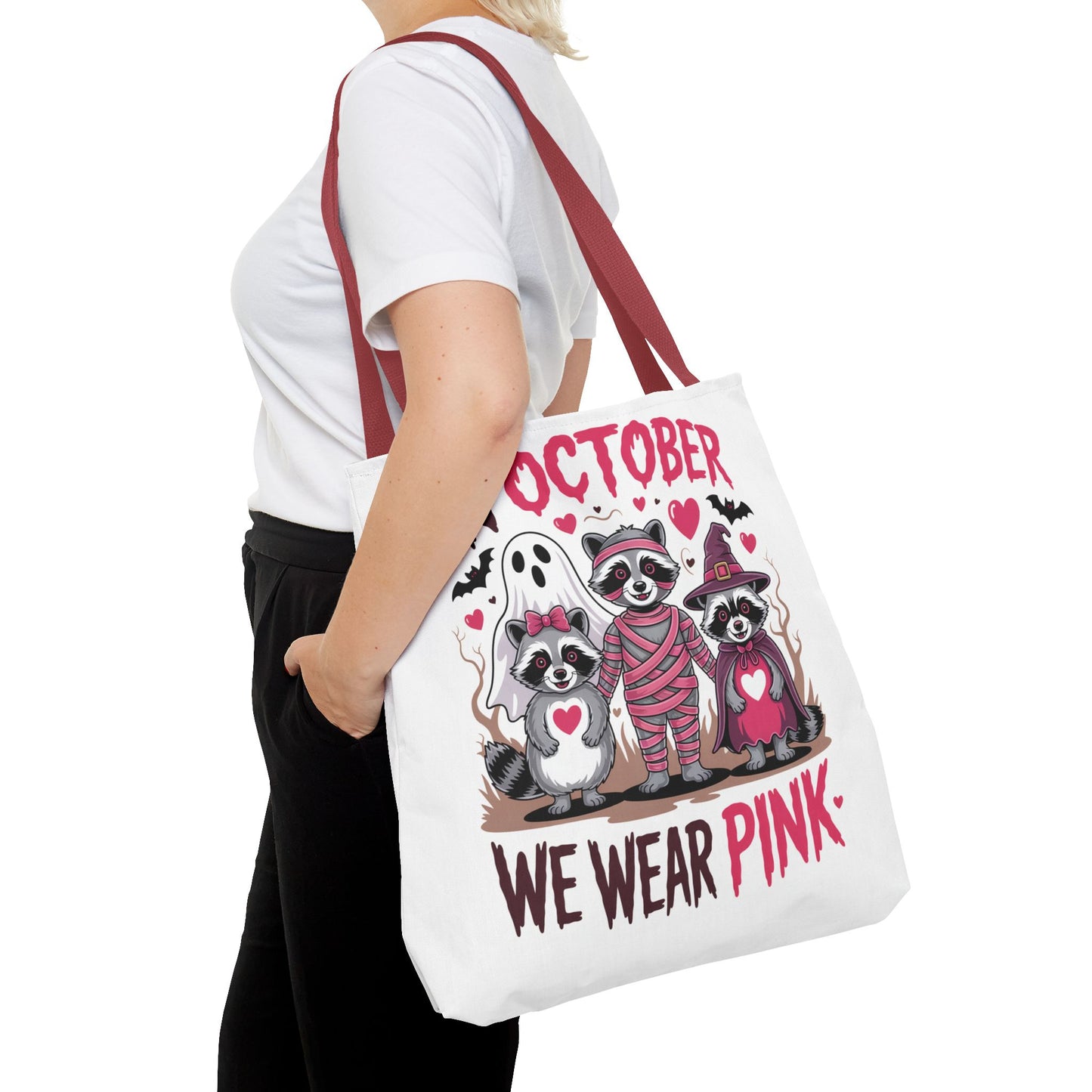🎀 In October We Wear Pink Raccoon Halloween Tote Bag – Spooky Cute Awareness Style 🦝👜