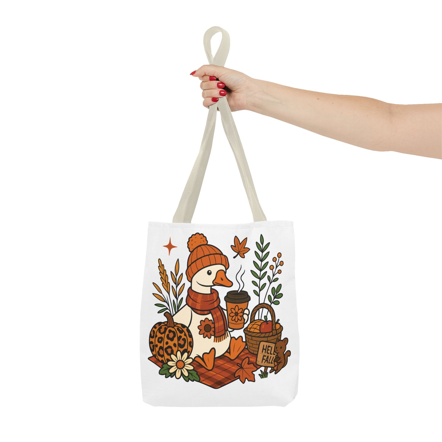 🧣 Hello Fall Cozy Duck Tote Bag – A Quirky Autumn Hug in a Bag 🍂🦆