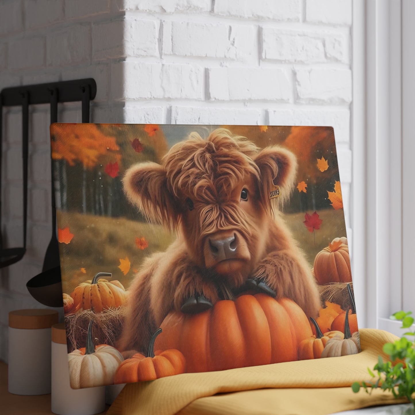 🍂🐮 Autumn Highland Calf Cutting Board – Rustic Fall Kitchen Décor with Pumpkins & Falling Leaves 🎃🍁