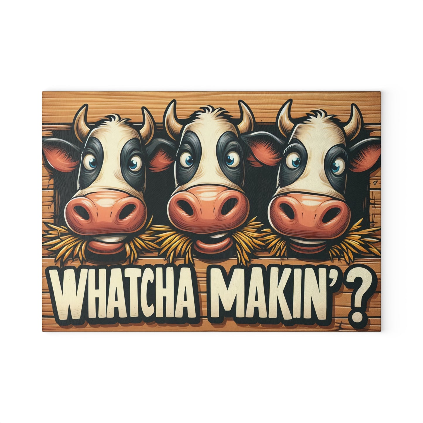Tabla de cortar de vidrio "¿Qué haces?" – Humor de cocina con una vaca de dibujos animados 🧄🥕