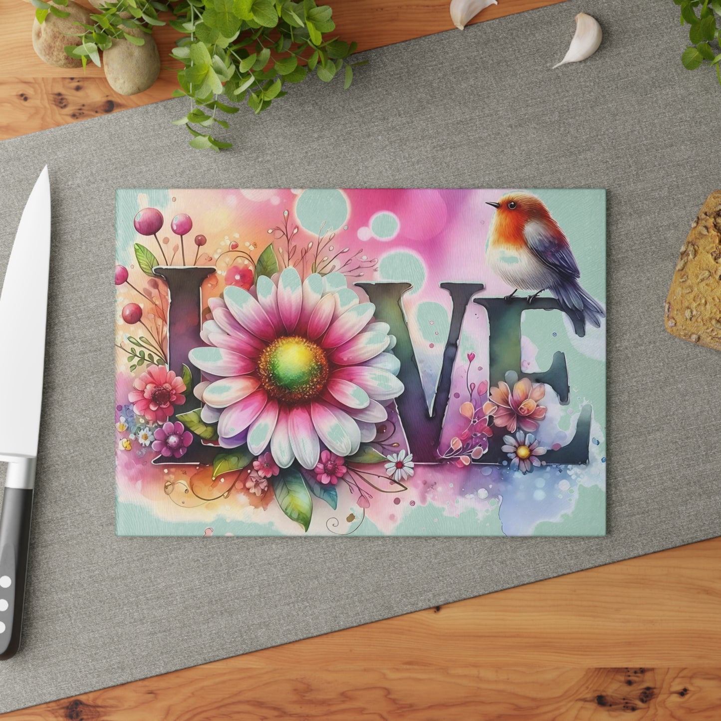 Tabla de cortar, diseño de amor con pájaros y girasoles, decoración de cocina, bandeja de vidrio para servir, regalo de inauguración de la casa, utensilio de cocina