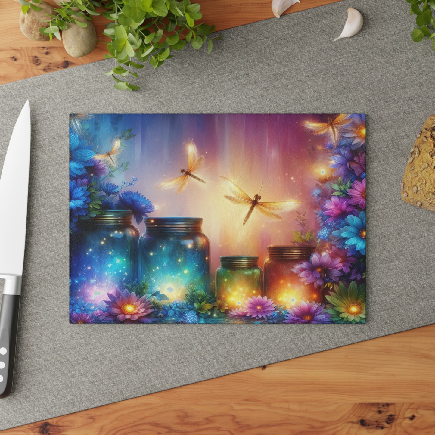 ✨🌸 Enchanted Dragonfly Glow Cutting Board – Magical Floral Garden Elegance 🌸✨