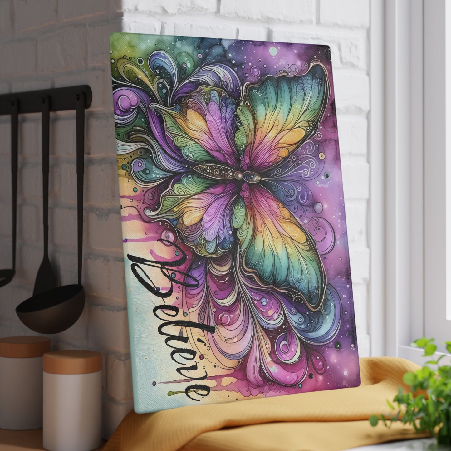 Tabla de cortar de vidrio templado "Believe" Butterfly