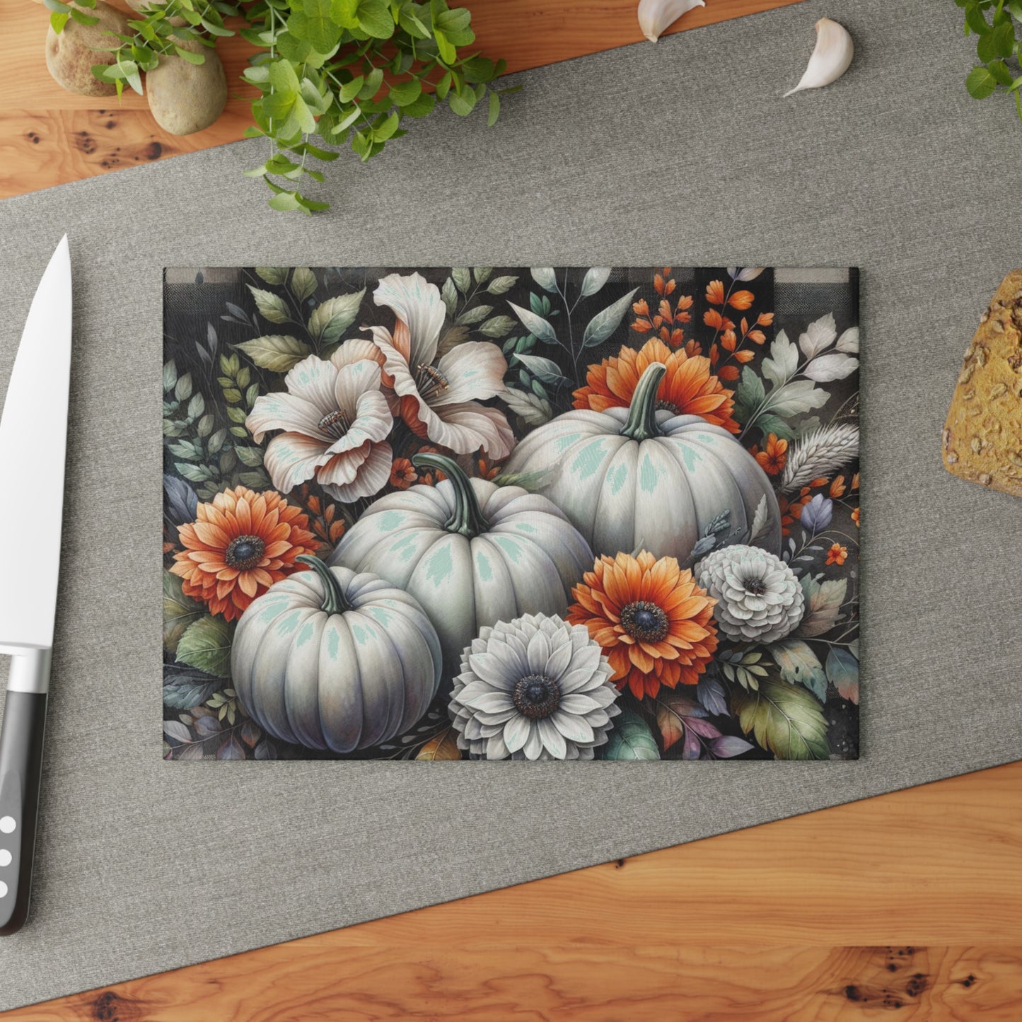 🎃 White Pumpkin & Floral Cutting Board – Rustic Elegance Meets Autumn Charm