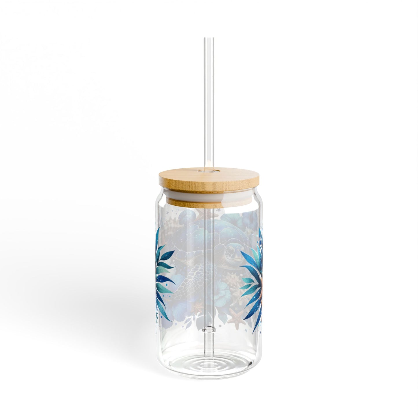 ๐ข๐ Blue Sea Turtle & Starfish Sipper Glass โ 16oz Ocean Vibes with Bamboo Lid & Straw ๐