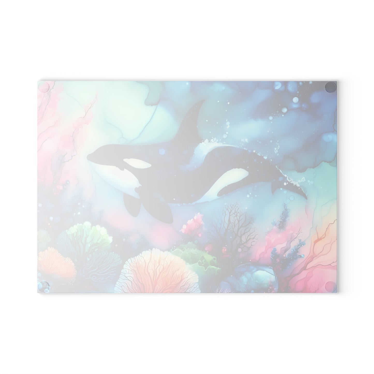 Tabla de cortar de vidrio con orca en acuarela: arte submarino vibrante para hogares amantes del océano