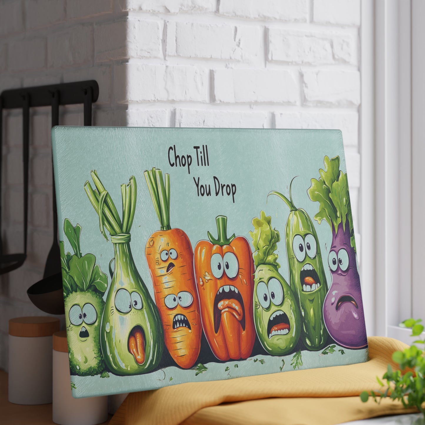 Tabla de cortar de vidrio “Chop Till You Drop” – Verduras que gritan y humor negro de cocina 😱🍅