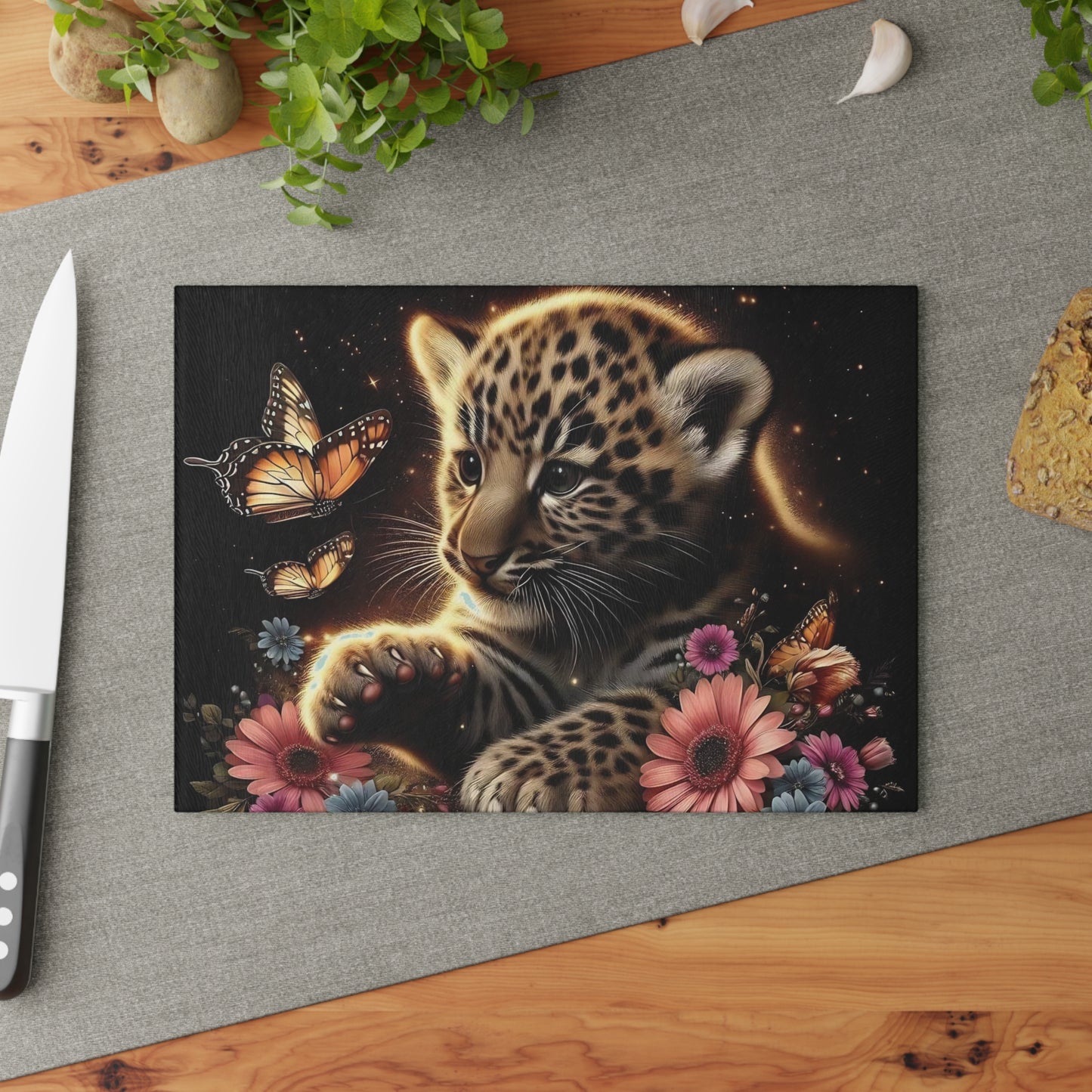 🐆 Baby Leopard & Butterflies Cutting Board – Gentle Jungle Charm for Your Kitchen 🌸🦋