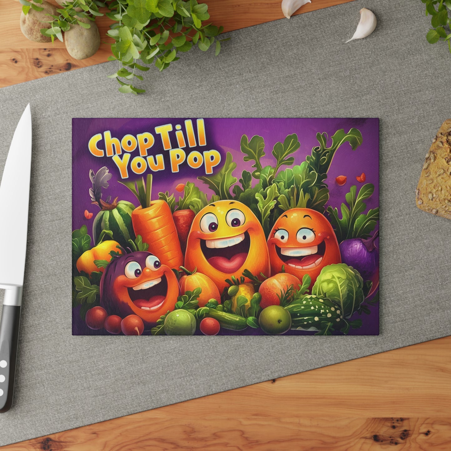 Tabla de cortar de vidrio "Chop Till You Pop" – Humor de cocina de verduras que ríen 😂🍅
