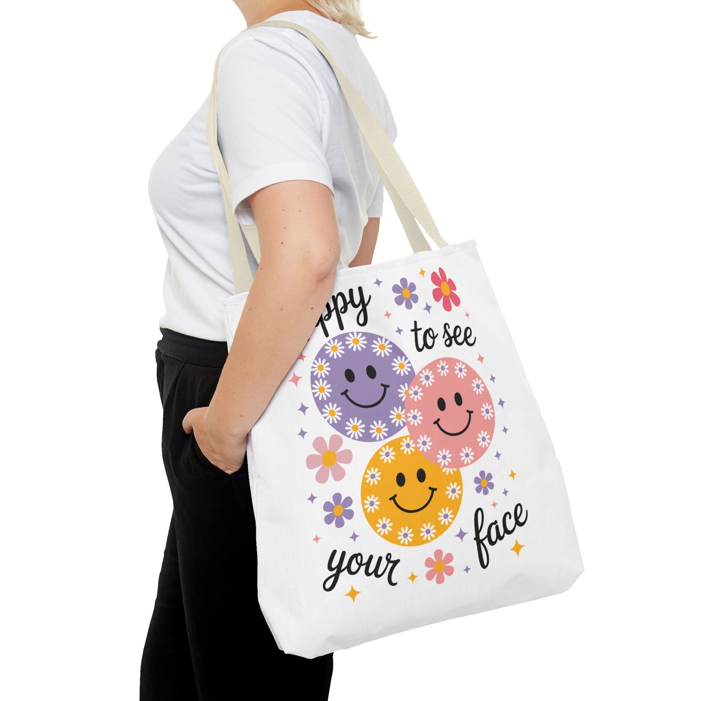 ๐ผ Happy Face Daisy Tote Bag โ Retro Smiles with Floral Charm ๐ธ