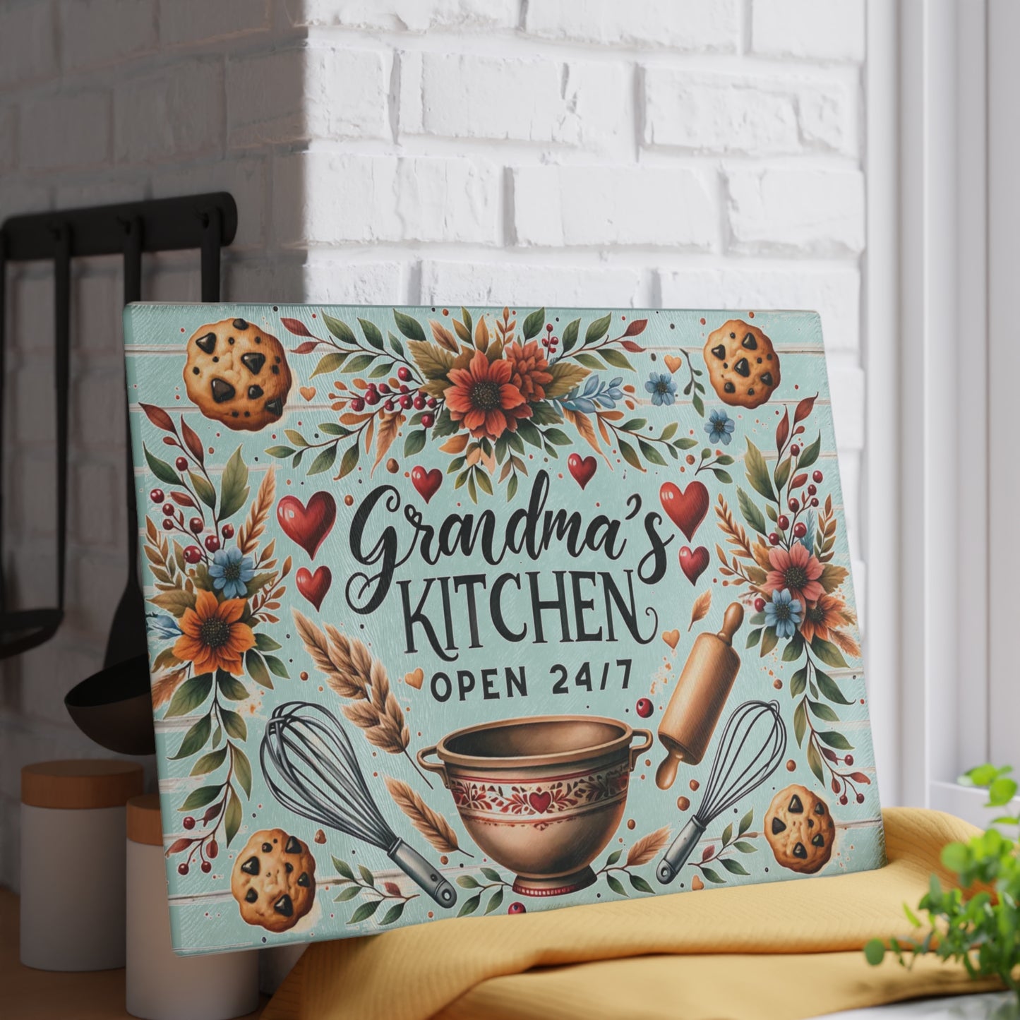 🍪❤️ Grandma’s Kitchen Cutting Board – Whimsical Farmhouse Charm with Cookies & Flowers 🌻🥣