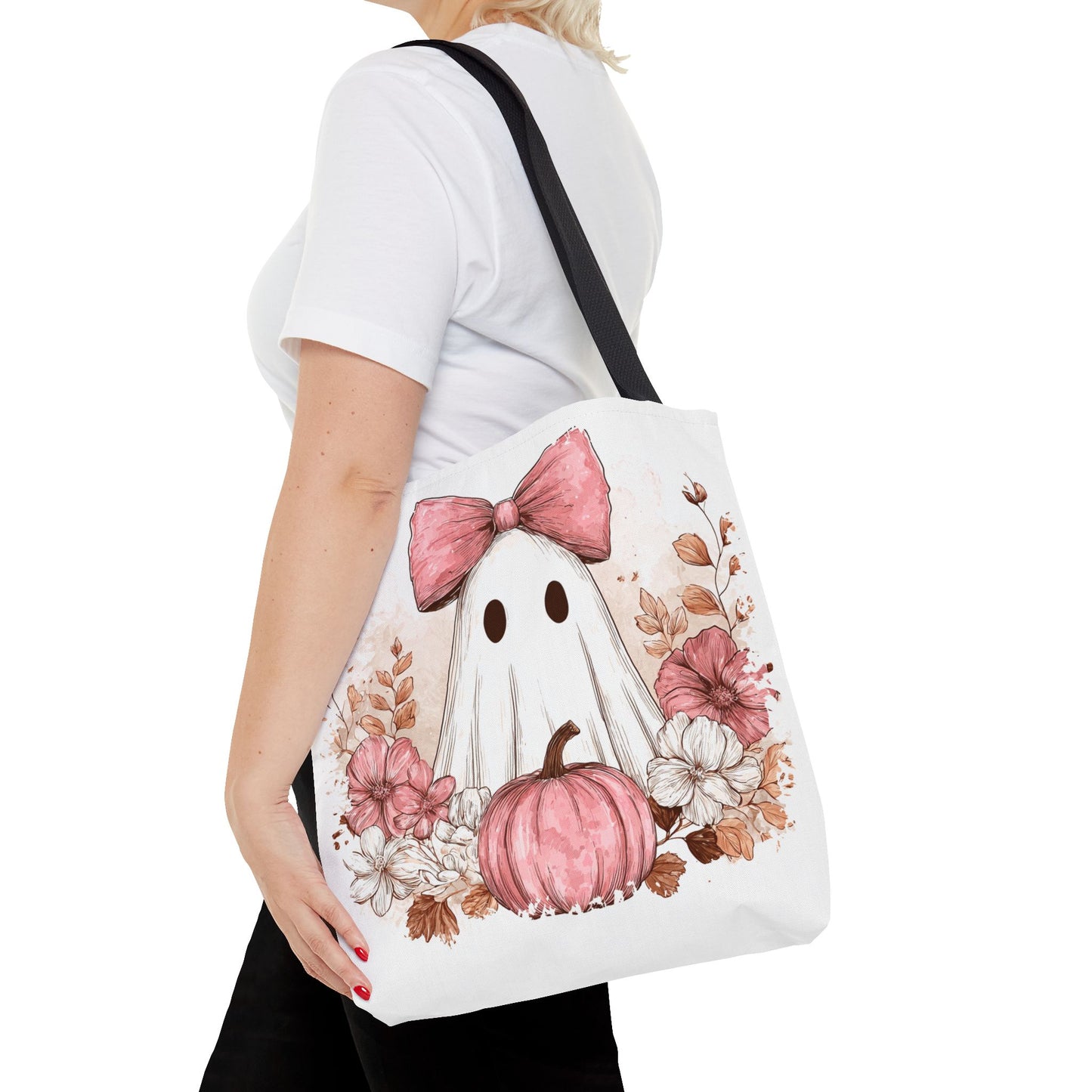 ๐ป Pink Bow Ghost Floral Halloween Tote Bag โ Spooky Cute with Fall Charm ๐๐